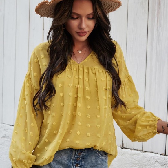 v neck mustard spring dot top bishop sleeve boho - Picture 2 of 4